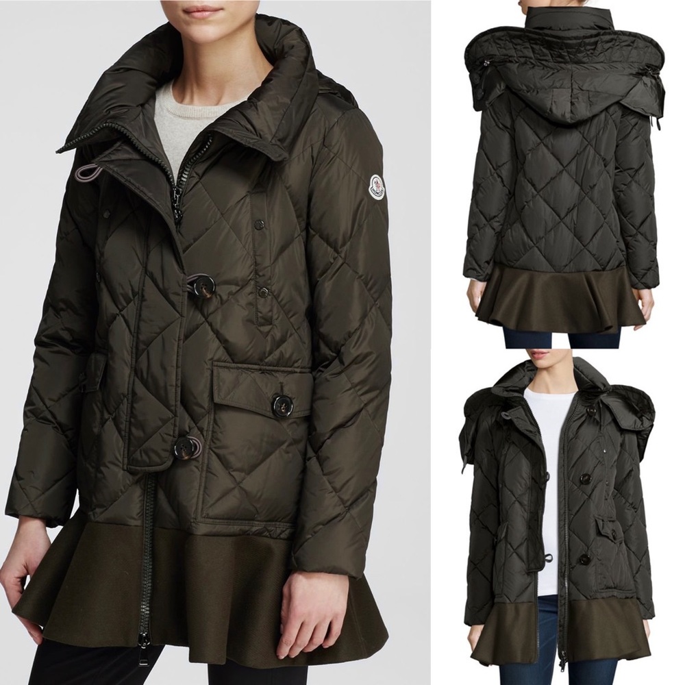 Moncler Vauloge Quilted Parka Jacket With Flounce Hem Olive Green Puffer Jacket